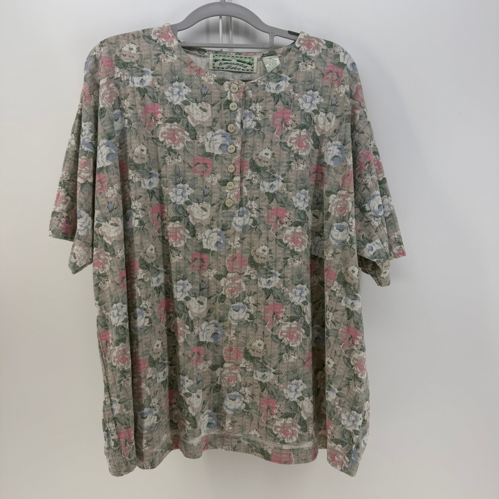 Emerald‎ Isle Henley Top Womens 3X Multicolor Floral Pointelle Cottagecore Retro